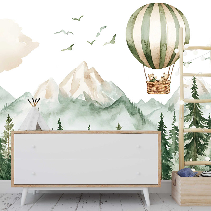 Papier peint montagnard avec montgolfière - forêt, ours, chambre d'enfant, L 75 po x l 50 po, Peler et coller