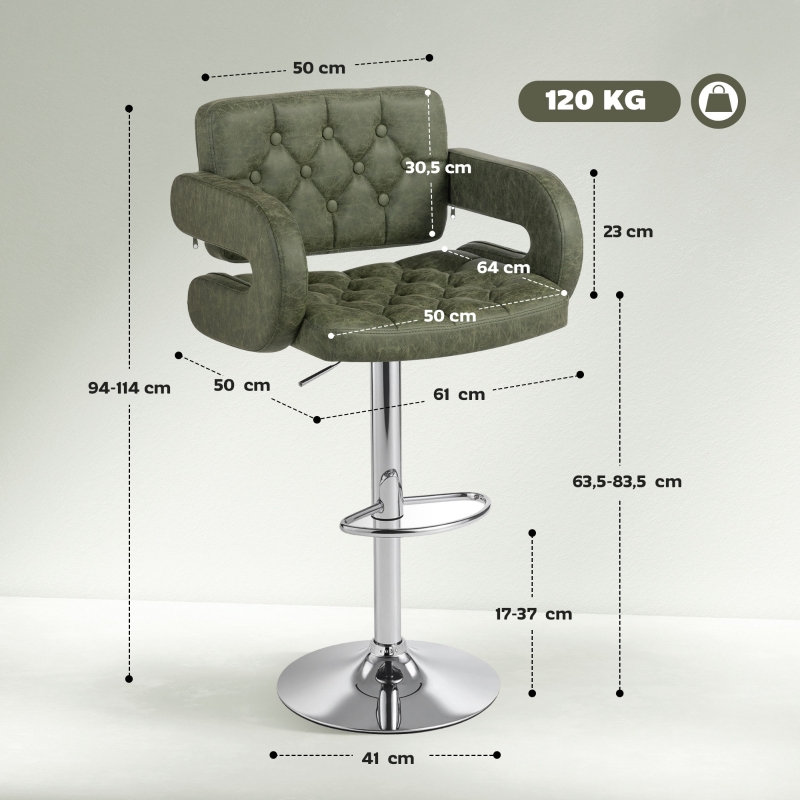 Swivel Bar Stool with Steel Frame, Green/Silver