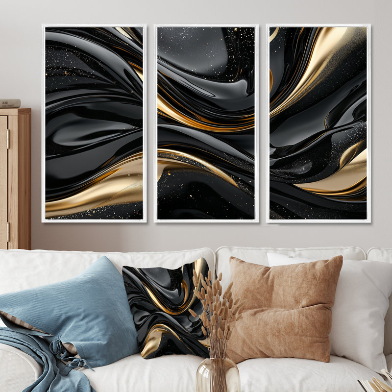 Ensemble de salon captivant or et noir I - Abstrait moderne à vagues murales, Toile encadrée flottée blanche