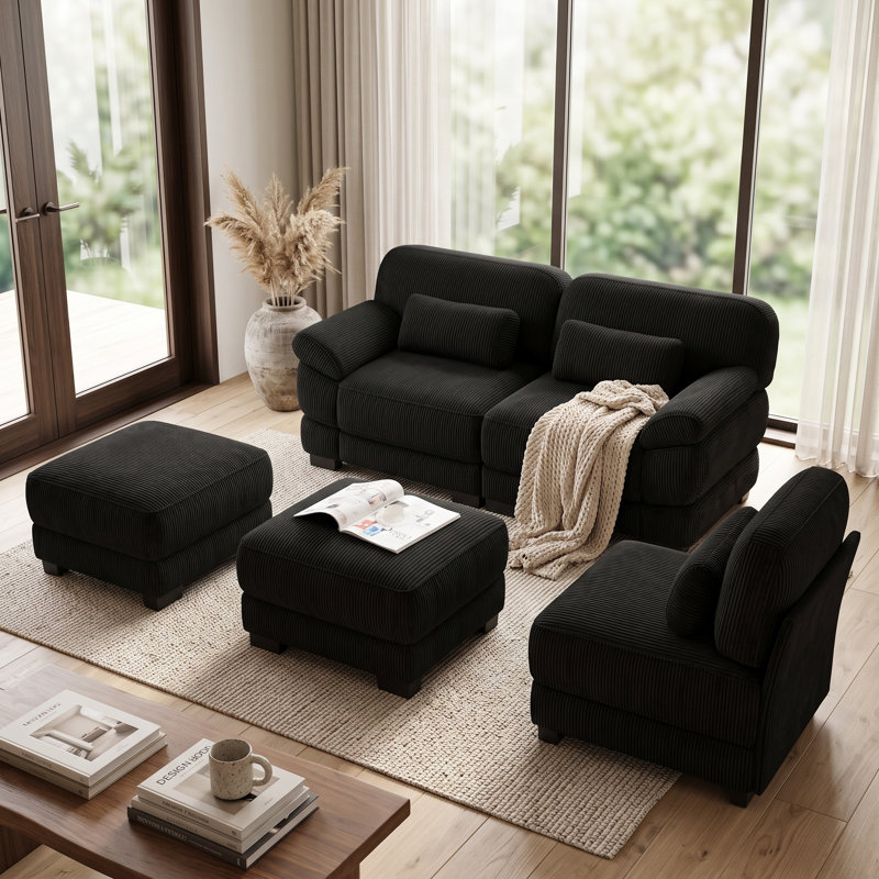 Canapé modulaire noir en velours côtelé 3 places avec 2 repose-pieds et sièges, 3 sièges + 2 repose-pieds