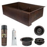 33" Hammered Copper Kitchen Apron 50/50 Double Basin Sink with Short 5" Divider w/ Matching Drains and Accessories