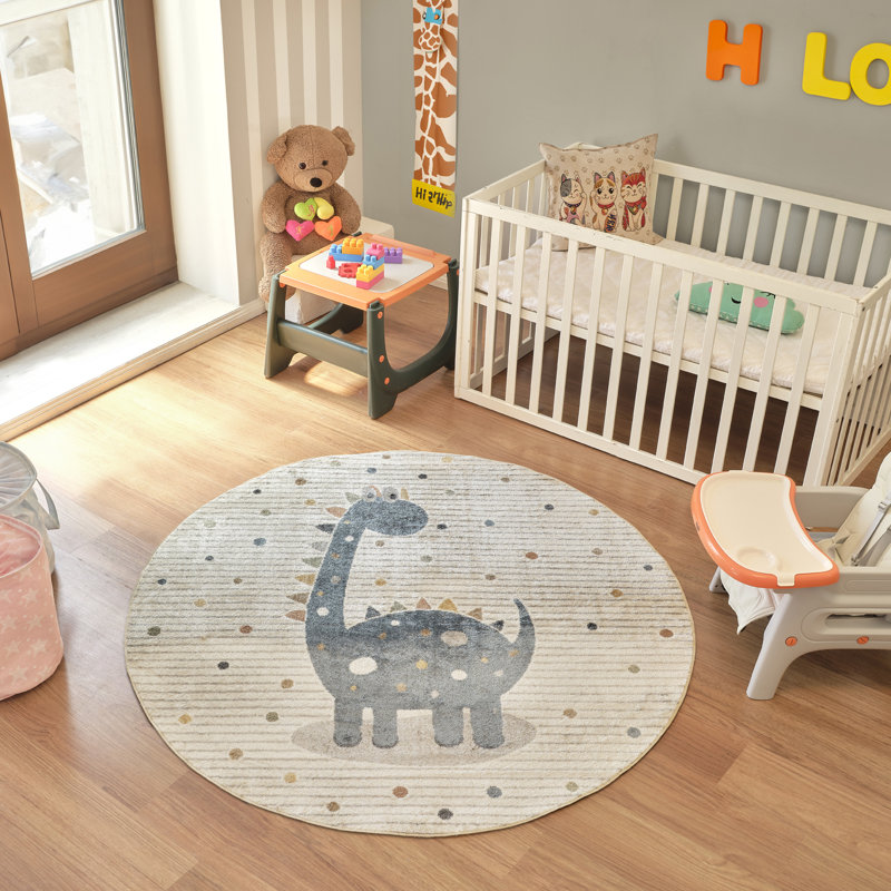 Reagyn Kids Machine Washable Beige Grey Bedroom Area Rug, Round 160cm