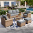 Outdoor Patio Rattan Sofa With Ottoman And Double Shelving Coffee Table