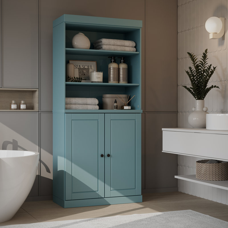 Palace Imports 100% Solid Wood Bathroom Storage Cabinet, Raised Panel Doors, Adjustable Shelves, 32" Wide, 71.5" Tall, Aqua