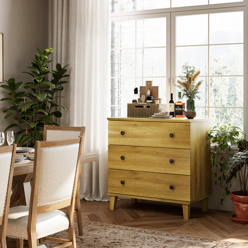 Commode avec 3 tiroirs, commode moderne avec pieds en bois massif et commode avec armoire de rangement pour salon, chambre de bébé, chambre de bébé, chêne