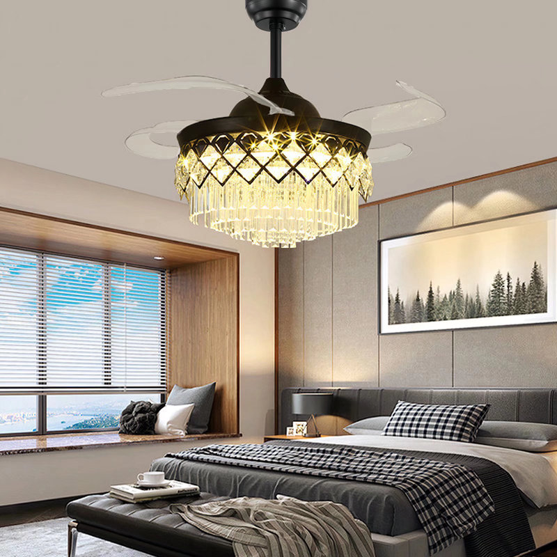 Ventilateur de plafond en cristal de 42 po à pales rétractables avec lumière DEL et télécommande, ventilateur de plafond noir moderne à 3 vitesses à intensité variable pour le salon, la chambre à coucher et la salle à manger