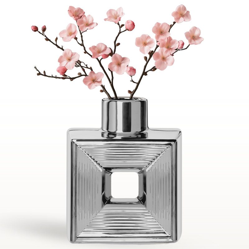 7.5" Fluted Opening Reflective Silver Ceramic Vase, Silver