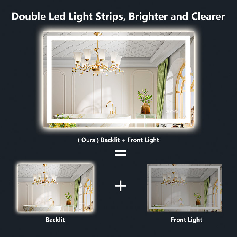 Akilan Frameless LED Vanity Mirror with Front-lit and Back-lit, Memory Function, 3 Color Temperatures & Dimmable Light, Anti-fog Tempered Glass ETL Mirror