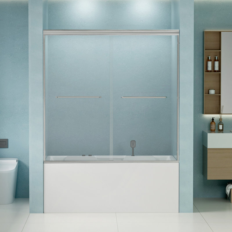 56"-60" W X 58" H Double Sliding Bathtub Shower Door, Semi-Frameless Tub Door, 1/4" (6Mm) Tempered Glass With Explosion-Proof Film, Adjustable Aluminum Alloy Frame