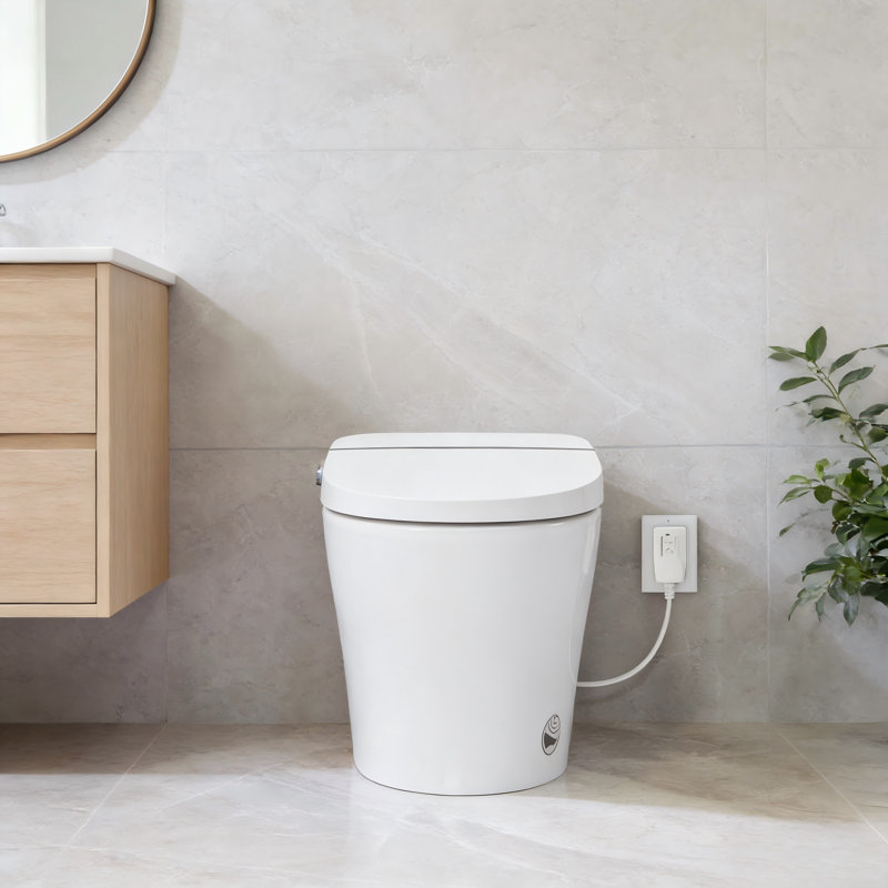 Combiné de bidet de toilette intelligent, double chasse sans réservoir 1 / 1,28 GPF, buse autonettoyante et capteur de pied, siège à fermeture douce avec veilleuse, commande à bouton et chasse de panne de courant, blanc