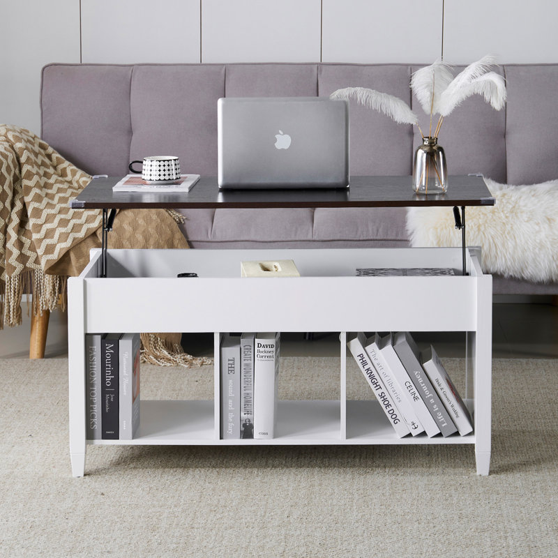 Table basse rectangulaire 39,96 pouces à structure double couche blanche avec pieds en bois massif relevables et panneau de grain de bois brun clair