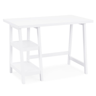 Contemporary Desk With Storage - White, Generous Worktop, 2 Open Shelves, , Strong Rubberwood Legs, 42"w 24"d 30"h, 1.18" Thick Wood Writing Expansive Resilient 42" X 24" 30",