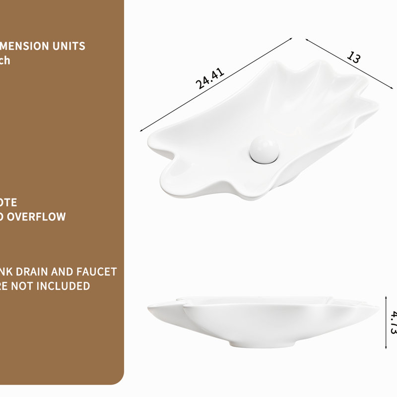 Forme de coquille de vasque de salle de bain 24 po x 13 po, design américain, finition de haute qualité, sans trou de robinet, courbe inspirée de l'océan, glacis brillant, égratignure