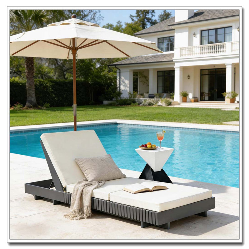Solid Wood Lounge Chaise, Dark Gray+Cream 3-Fold Cushion