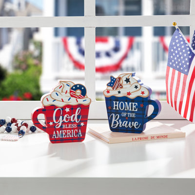 Set Of 2 Patriotic / Americana Wooden Coffee Cup Table Decor