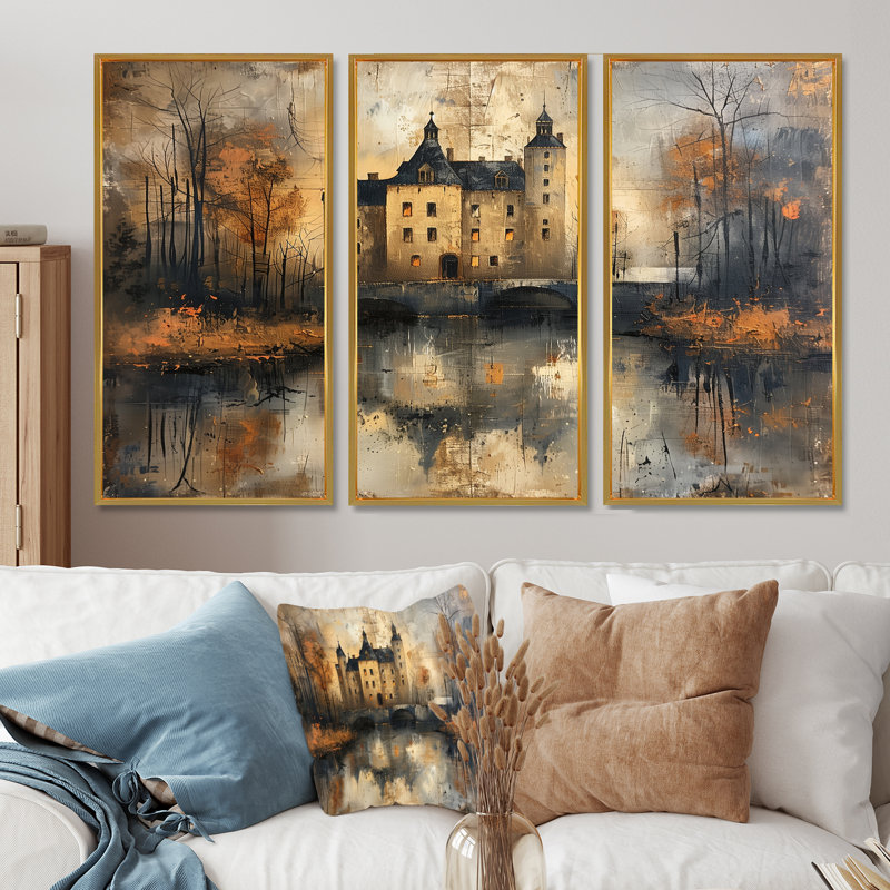 Ensemble de salon art mural gris et noir château rustique au bord du lac, Toile avec cadre flottant or