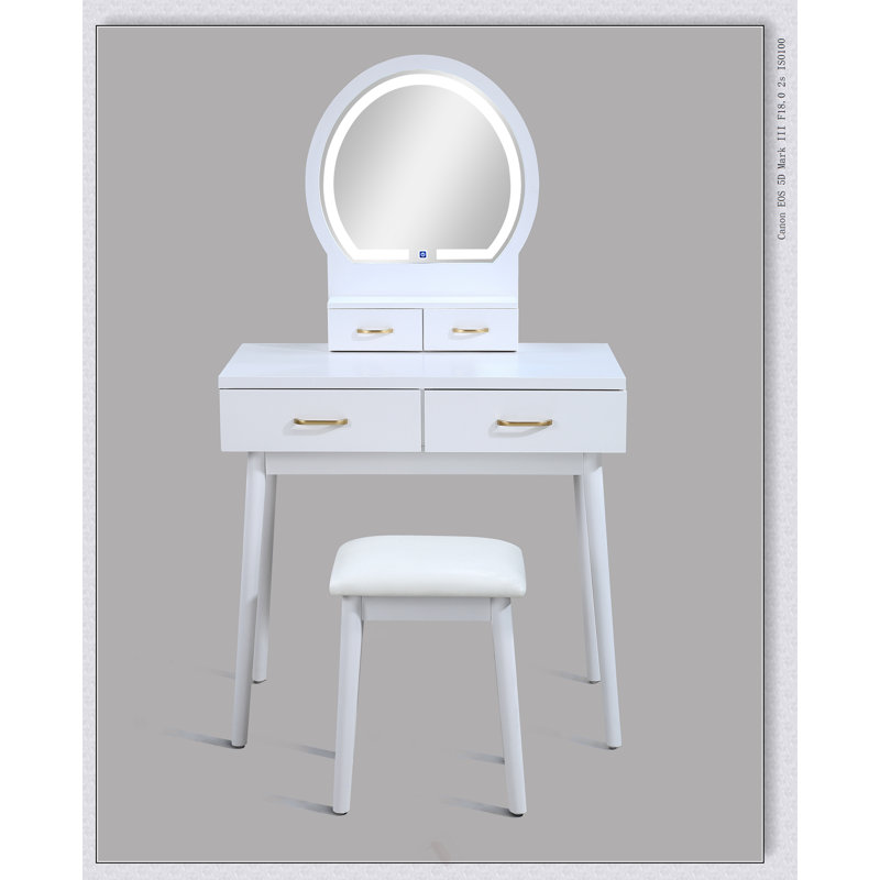 3Pc Vanity Table And Stool Set With LED-Lit Mirror, Spacious Storage, And Gold Accents For Modern Elegance And Functionality