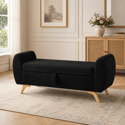 Banc de lit coffre moderne en velours côtelé de 144 cm (56,72 po) avec pieds en bois, pour chambre ou corridor, noir