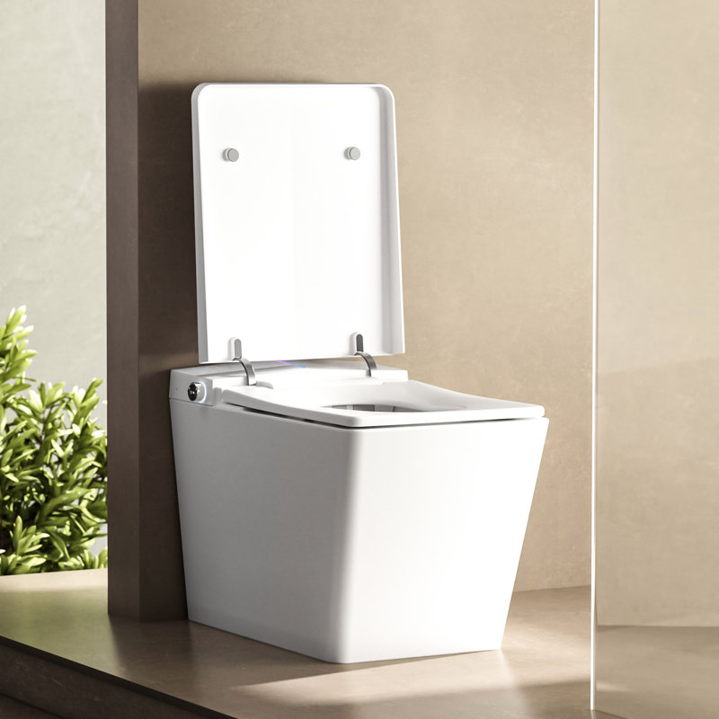 Modern Square Toilet With Embedded Tank - Remote Operated, Auto Flush, Heated Seat, Led Interface, User Customizable Options, White Hue Bathroom Smart Attached Remote-Controlled, Auto-Flush, Monitor,