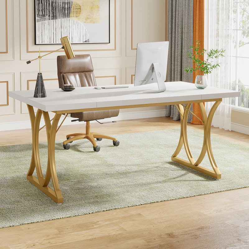 Rectangle 160cm L Computer Table, White/Gold