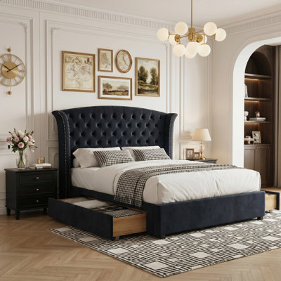 57.48" High Bed Frame with 2 Storage Drawers, Upholstered Velvet Headboard Platform Bed, Wingback Headboard, Button Tufted Bed, Metal Frame & Sprung Slats Support, No Box Spring Needed, Easy Assembly