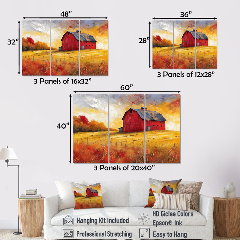 Automne rouge grange brise III - ensemble d'art mural de grange, H 28 po x l 36 po, Toile tendue
