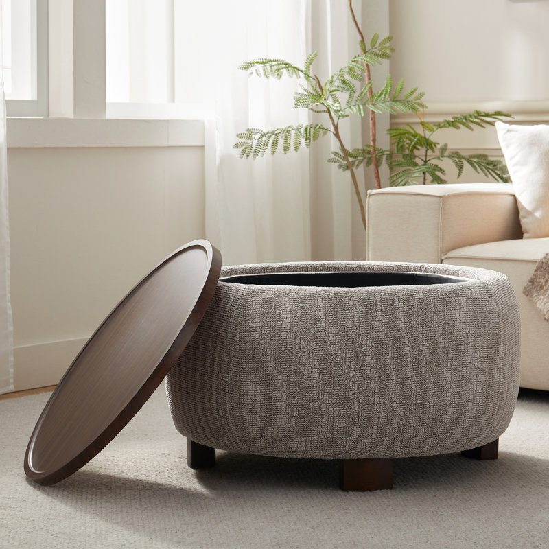 Upholstered Round Storage Ottoman with Wooden Tray, Brown
