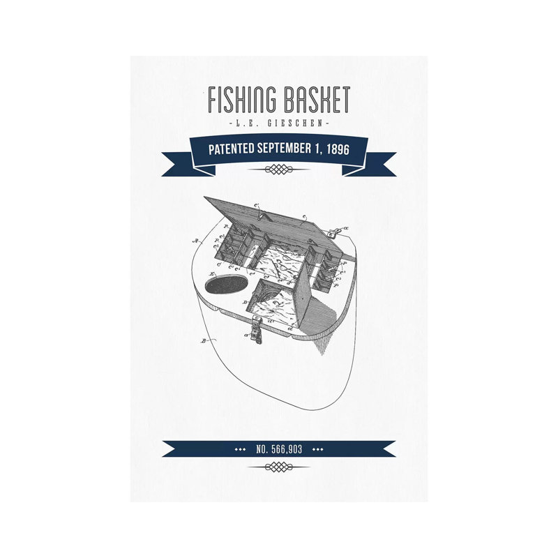 L.E. Gieshen Fishing Basket Patent Sketch Retro (Navy Blue) by Aged Pixel - Wrapped Canvas Print, 152.5 cm H x 101.5 cm W