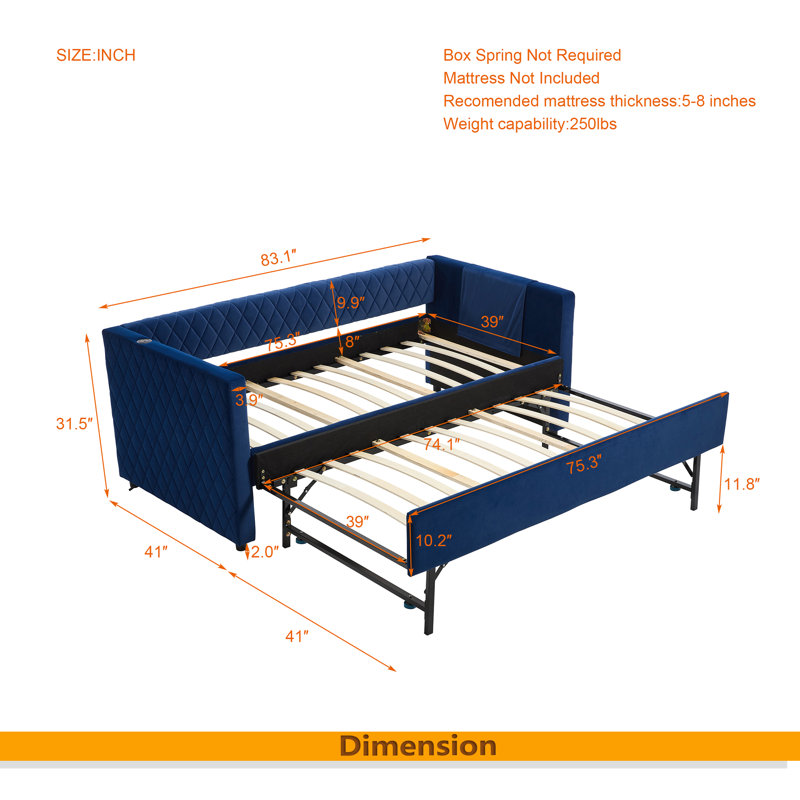 Velvet Daybed, Sturdy Wooden Bed Frame, Modern Diamond Grid Pull-Out Design, For Bedroom, Living Room Furniture, Navy