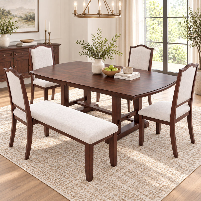 Ensemble de salle à manger extensible Cavressa 6 pièces, table de cuisine rectangulaire extensible de 150 à 195 cm avec rallonge amovible de 45 cm, 4 chaises rembourrées et banc