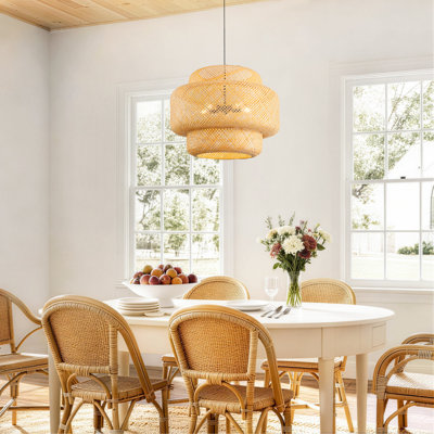 5-Light Natural Woven Tiered Chandelier, Boho Organic Modern Coastal Casual Style For Dining Room, Kitchen Island & Living Space