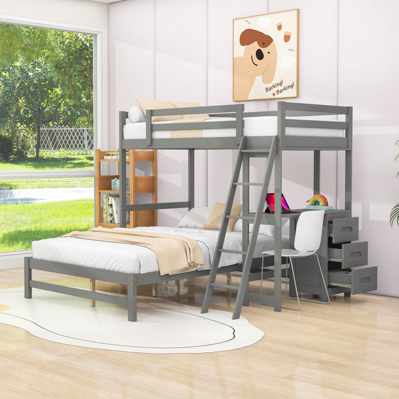 Lit superposé simple au-dessus de 3 tiroirs avec bureau, convertible, Gris