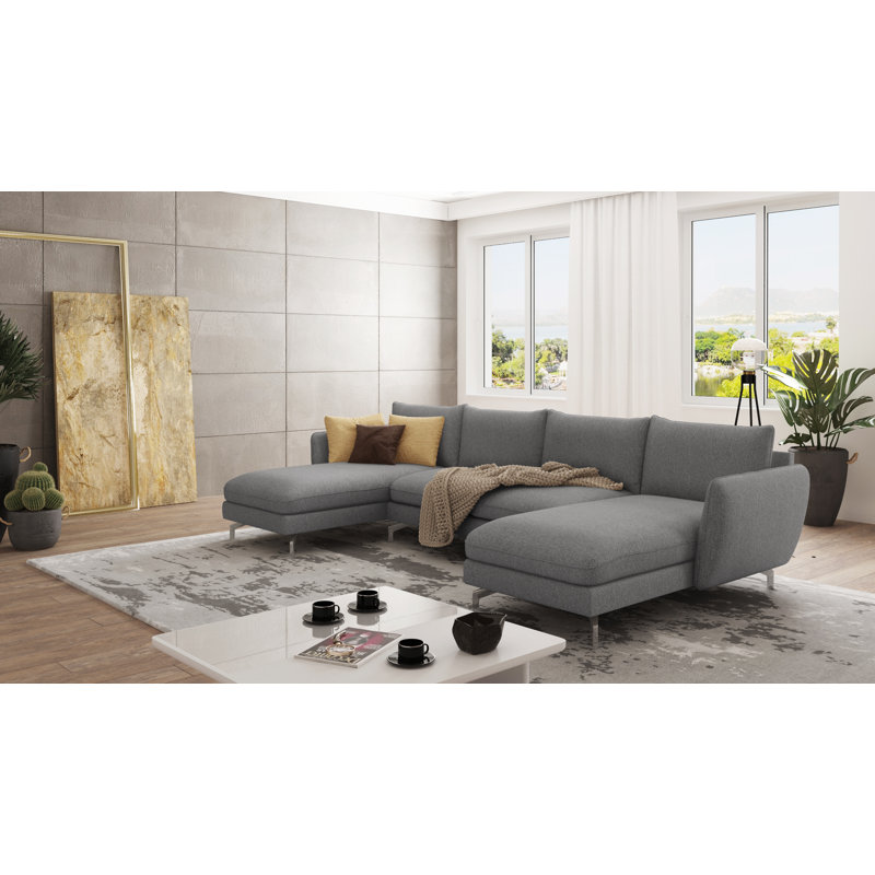 Modern U-shape Kimo Corner Sofa with Silver Metal Legs, Grey