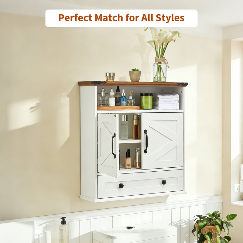 24" Wide Bathroom Wall Cabinet with Double Barn Doors, Farmhouse Medicine Cabinet with Drawer & Adjustable Shelf, Storage Cabinet for Bathroom Kitchen Living Room .