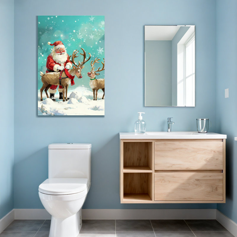 Noël, père Noël et renne dans un paysage enneigé, H 30 po x l 20 po