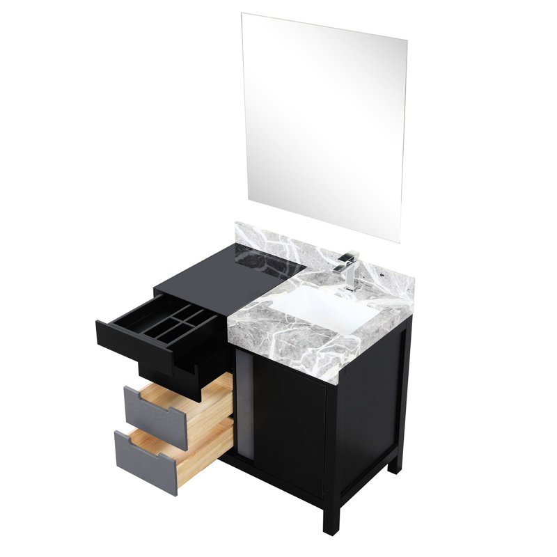 36 po Meuble-lavabo de salle de bain en noir et gris, comptoir en marbre gris, miroir à 30 robinets - comptoir protégé contre les rayures