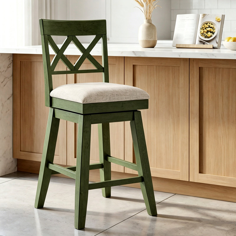 Modern Farmhouse Cross Back Upholstered Solid Wood Bar Stool, Green
