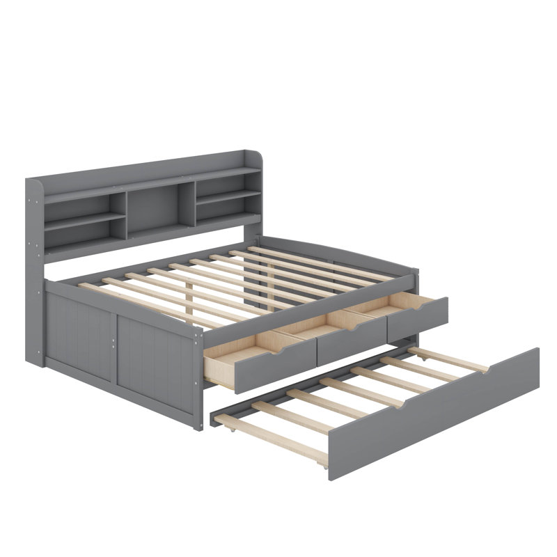 Lit capitaine double en bois avec tablettes intégrées, trois compartiments de rangement et lit gigogne escamotable