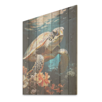 «Playful Sea Turtle I», art mural sur bois de pin naturel