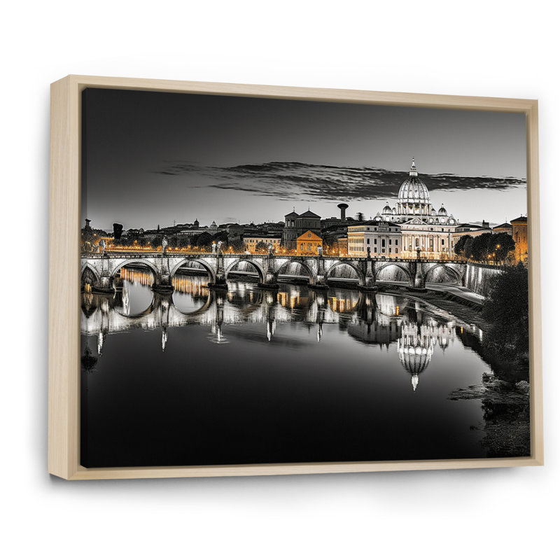 Paysage urbain de Rome noir et blanc sur toile, Cadre naturel flottant, H 12 po x l 20 po x P 1 po