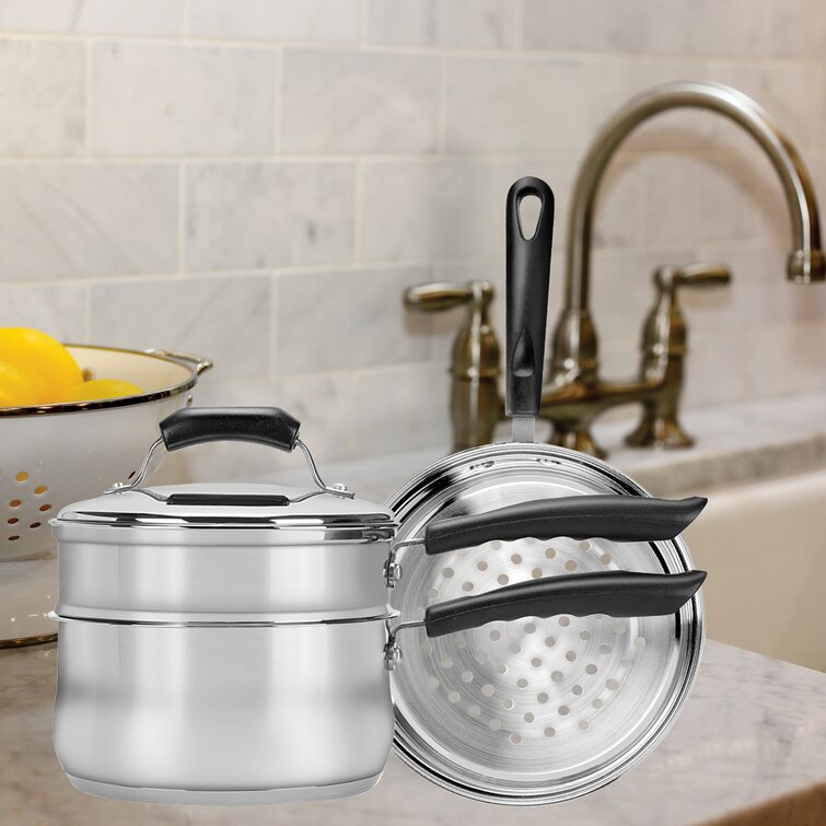 American Kitchen Cookware Stainless Steel 3 Quart Covered Saucepan with Double Boiler Insert