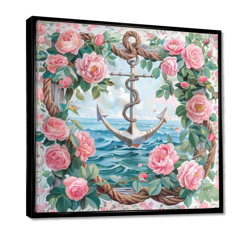 Décoration de bord de mer rose, vert et ancre roses rétro II, H 30 po x l 30 po x P 1 po, Toile avec cadre flottant noir