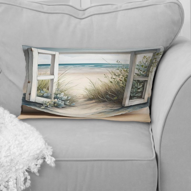Fenêtre sur la plage V - Coussin imprimé plage côtière, H 12 po x l 20 po, Rectangulaire