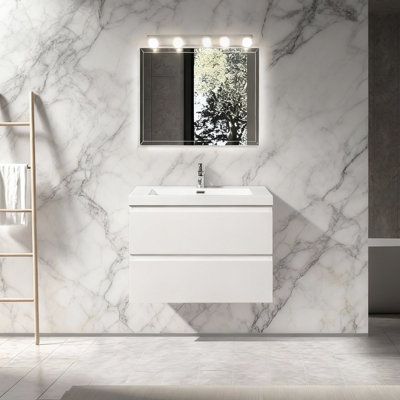 Meuble-lavabo flottant mural 30 po blanc brillant avec comptoir simple à surface solide blanc