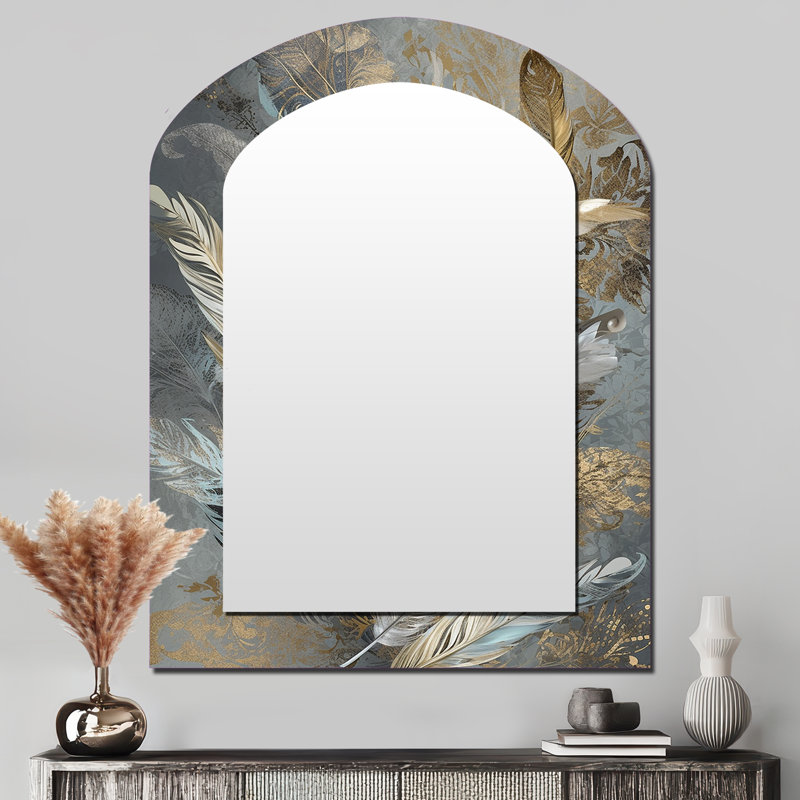 Gold Feather Extravaganza V - Glam Feather Asymmetrical Large Wall Mirror, Modern Arch Unique Mirror, Printed Metal Art