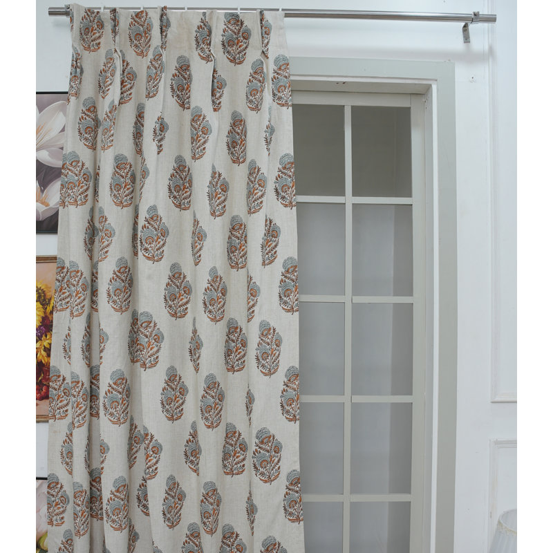 Handmade Linen Pleated Curtains – Gray Brown Floral Block Print Drapes for Living Room, 54" W X 89" L