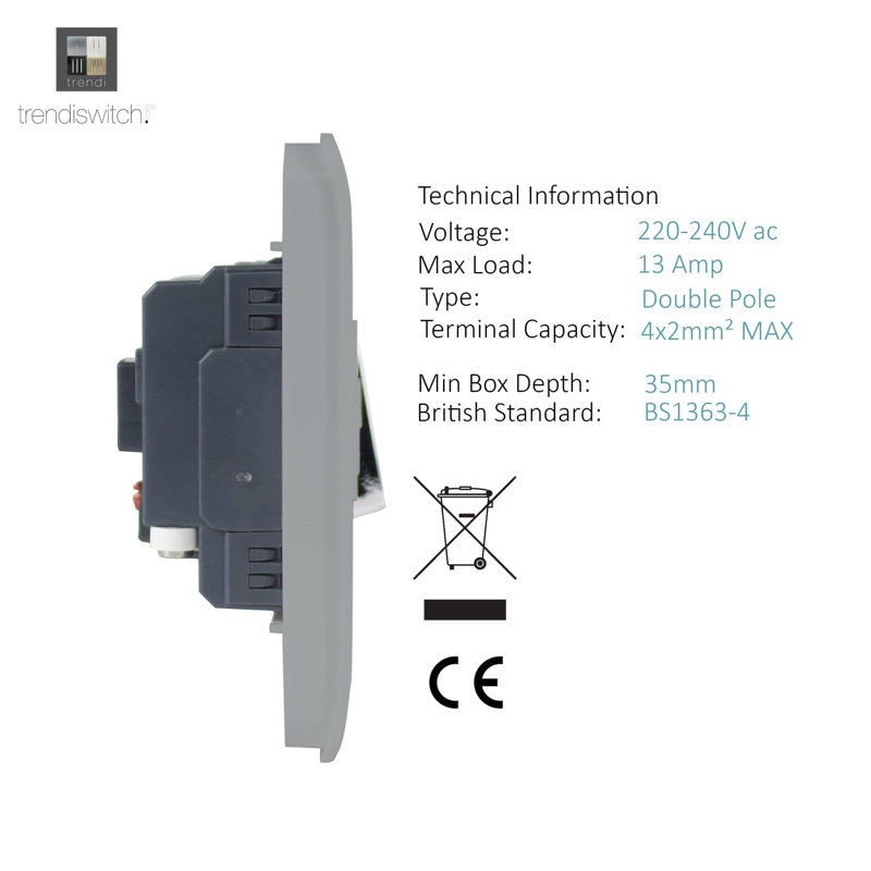 Trendi Switch 13 Amp Fused Sur with Flex Outlet, Silver