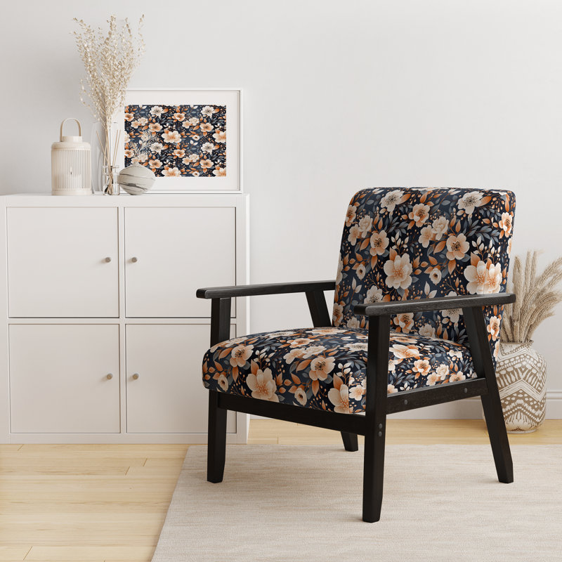 Motif floral rétro pêche nostalgie - Chaise rembourrée avec accoudoirs de style campagnard, chaise d'appoint rustique à motif floral