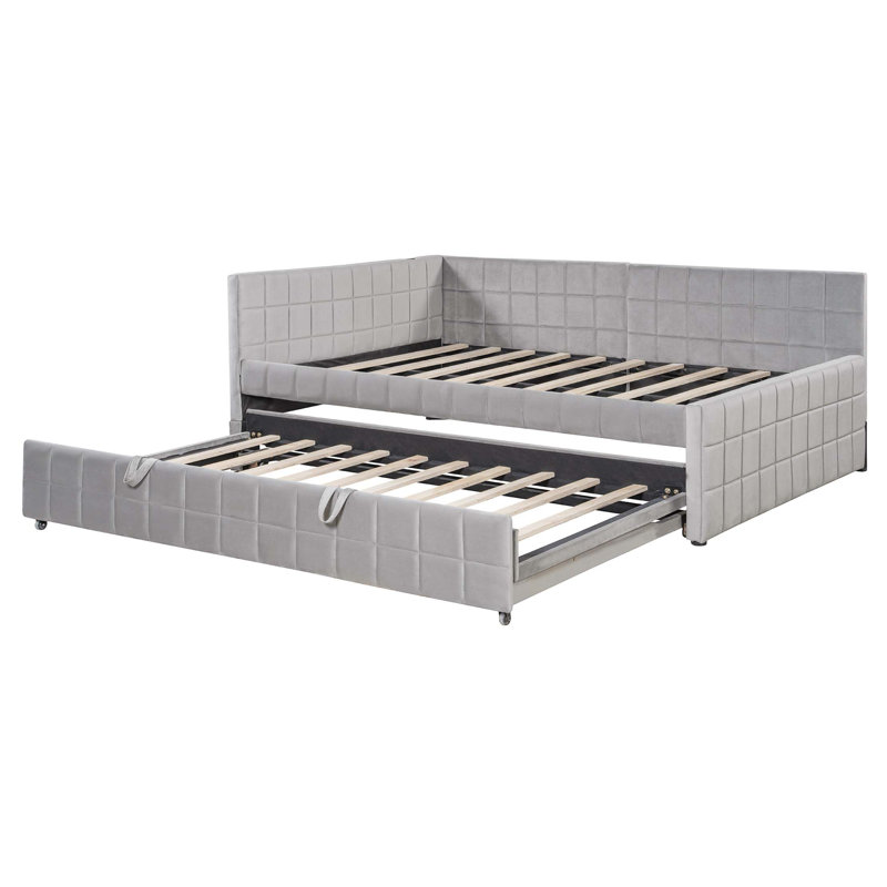 Upholstered L-Shaped Daybed With Pop Up Trundle And USB Ports, Gray