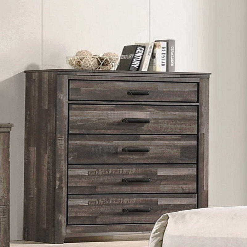 Mobilier de chambre à coucher 1 tiroir rustique contemporain à finition brune avec cinq tiroirs de rangement